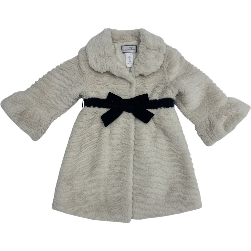 American Widgeon Girls Cream Faux Fur Coat Velvet Bow Belt Size 5 654777